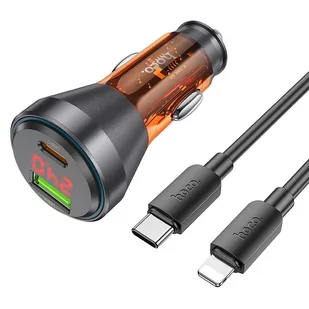 HOCO ładowarka samochodowa USB QC 18W + Typ C 30W z wyświetlaczem + kabel Typ C do Lightning PD48W NZ12B transparentna pomarańczowa - Akcesoria do smartwatchy - miniaturka - grafika 1