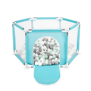 Selonis Sześciokąt składany KS-100X z piłeczkami 6cm miętowy: biały-szary-mięta 63x64/400piłek - Maty edukacyjne - miniaturka - grafika 1