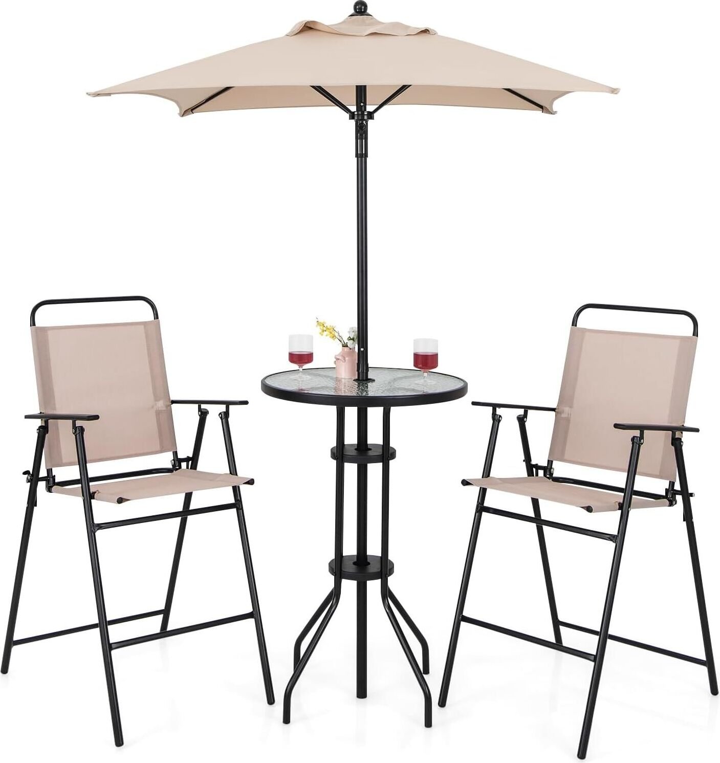 KOMFOTTEU zestaw bistro do ogrodu z parasolem, stół z otworem na parasol i 2 składane krzesła, stół i krzesła ogrodowe, beżowy (z parasolem)
