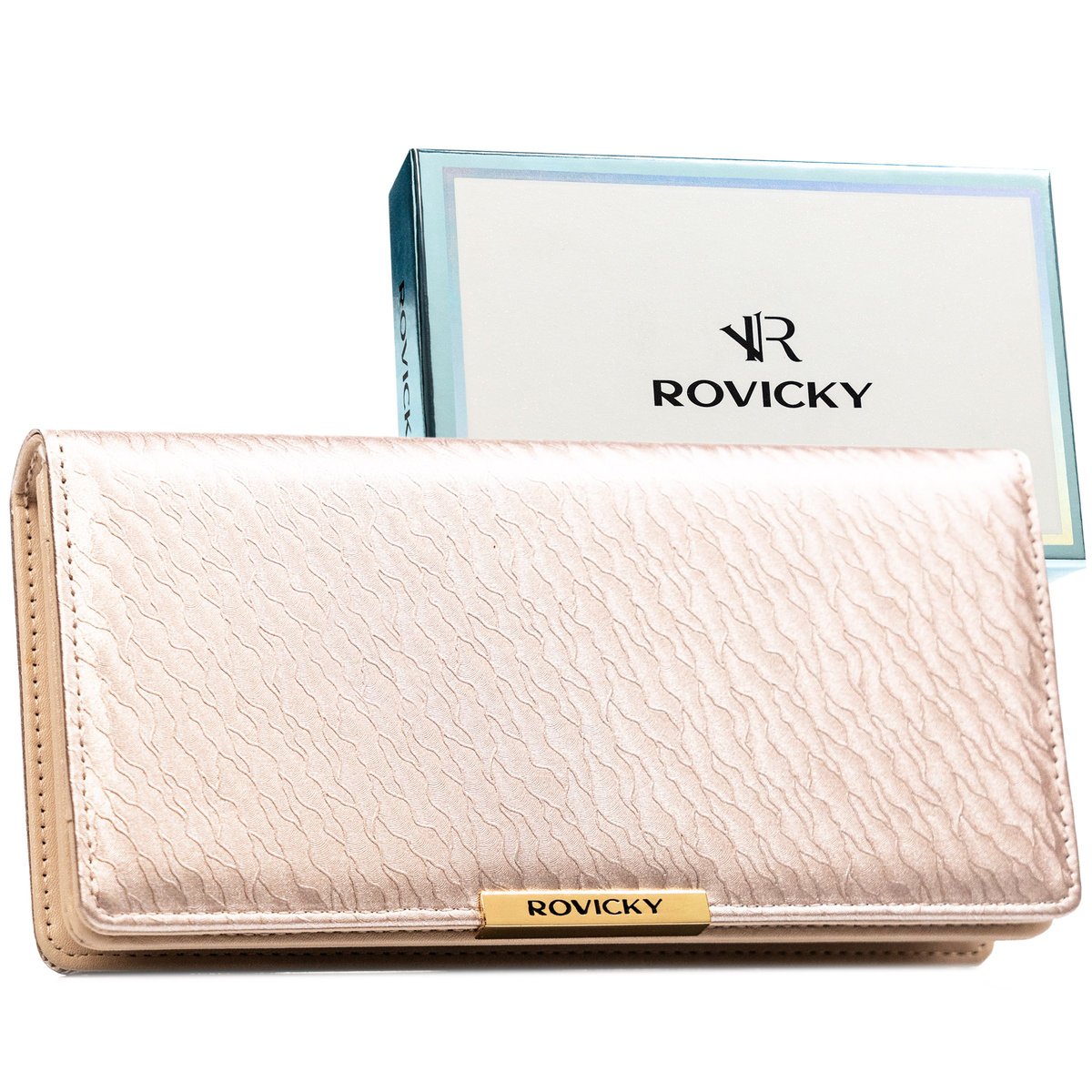 Portfel damski na zatrzask i suwak ROVICKY duży rozbudowany na karty gotówkę elegancki na prezent beżowy