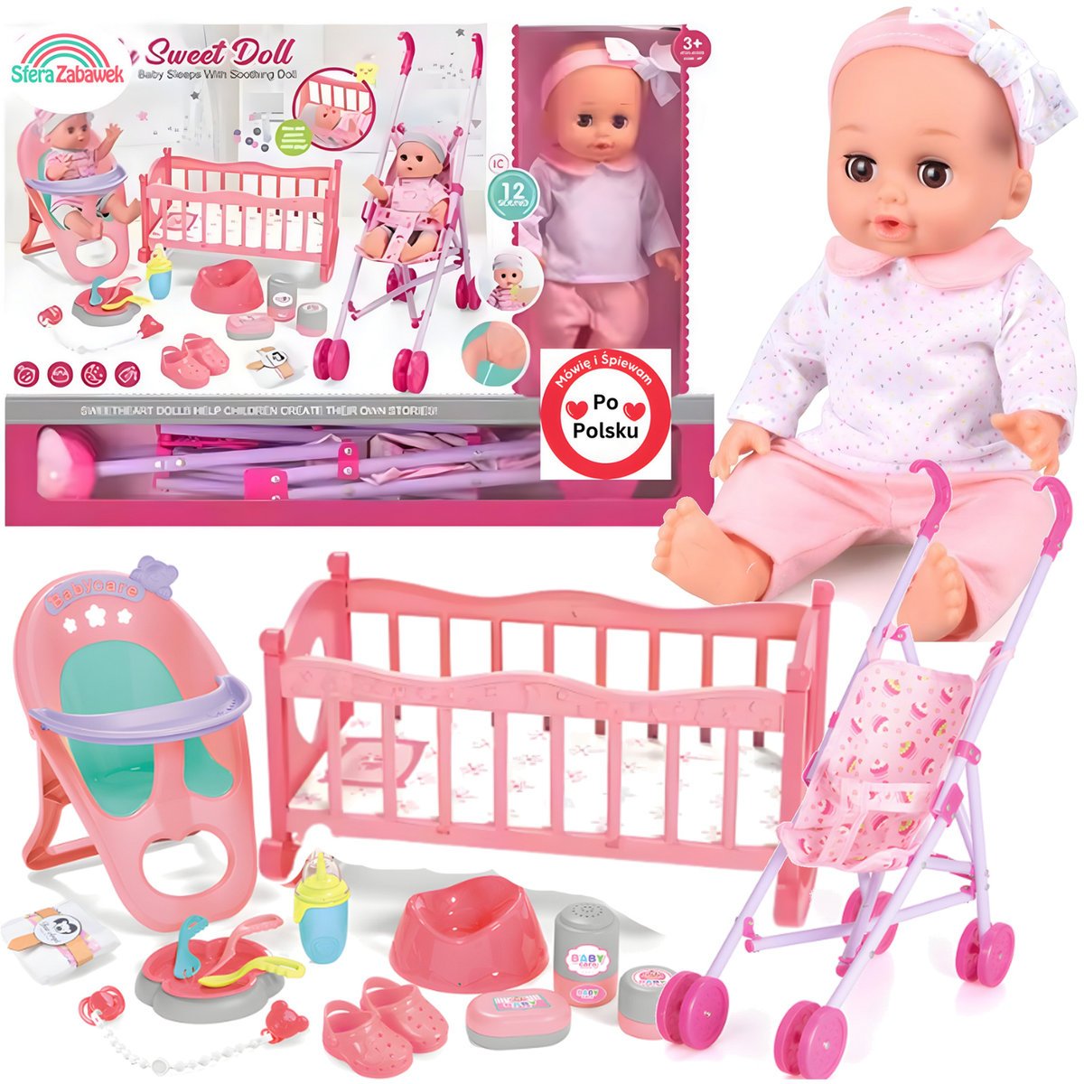 Interaktywna lalka bobas Martynka z wózkiem + kołyska Mówi po Polsku sika