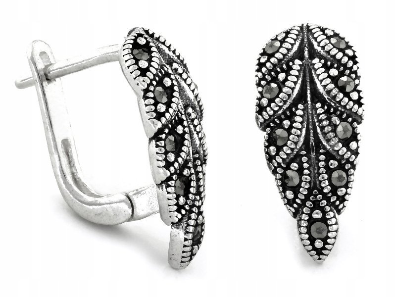 Kolczyki srebrne 925 gałazka liść z markazytami idealne na wyjście prezent