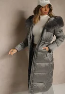 Kurtki damskie - Szara Puchowa Kurtka Pikowana o Długim Kroju z Kapturem z Futerkiem Bavea - miniaturka - grafika 1