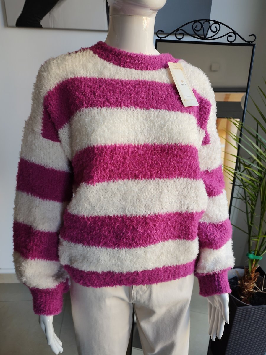 Sweter baranek w paski z Baby Alpaca - lilaróż One size