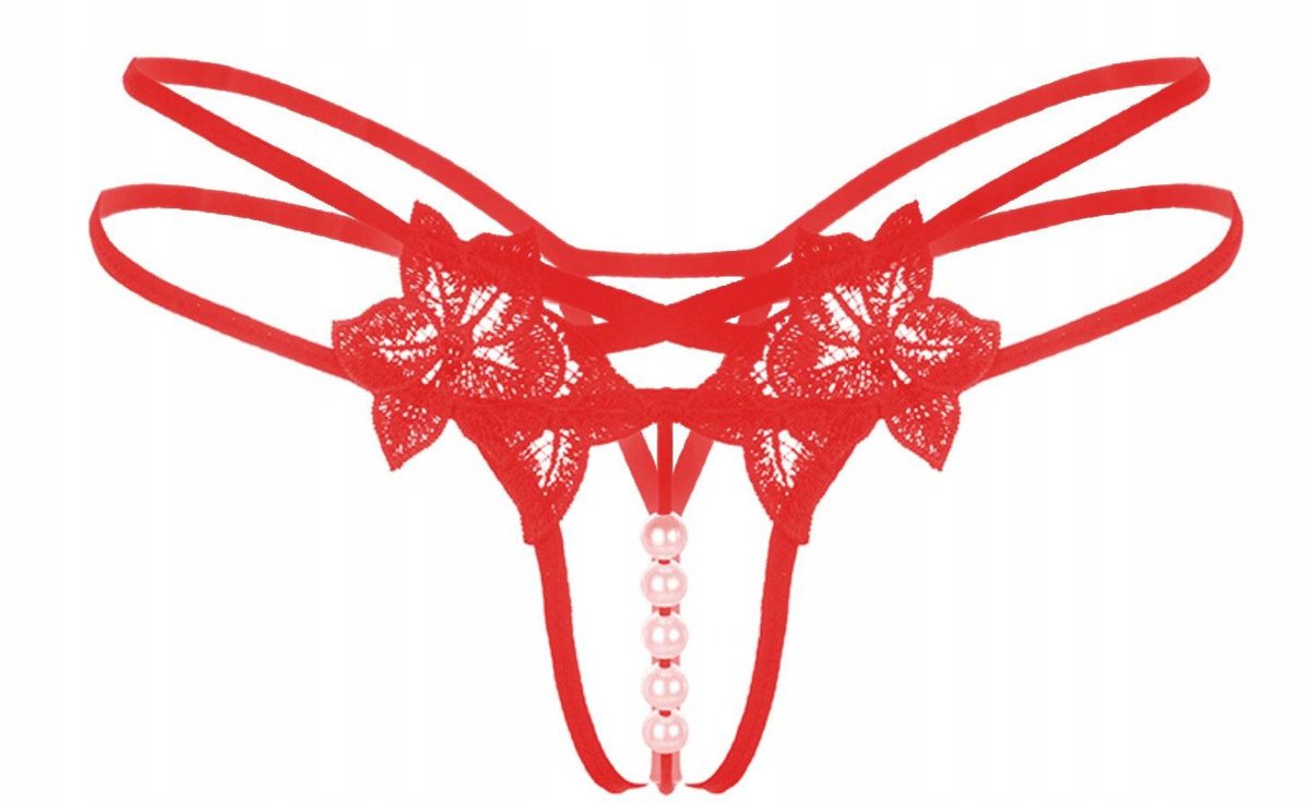 Stringi paseczki czerwone majtki z rozcięciem haft perełki - S/M