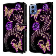 Portfele - Do Motorola Moto G24 4G Pokrowiec na portfel Skórzany futerał na telefon z nadrukiem 3D Fioletowe kwiaty Motyle - miniaturka - grafika 1