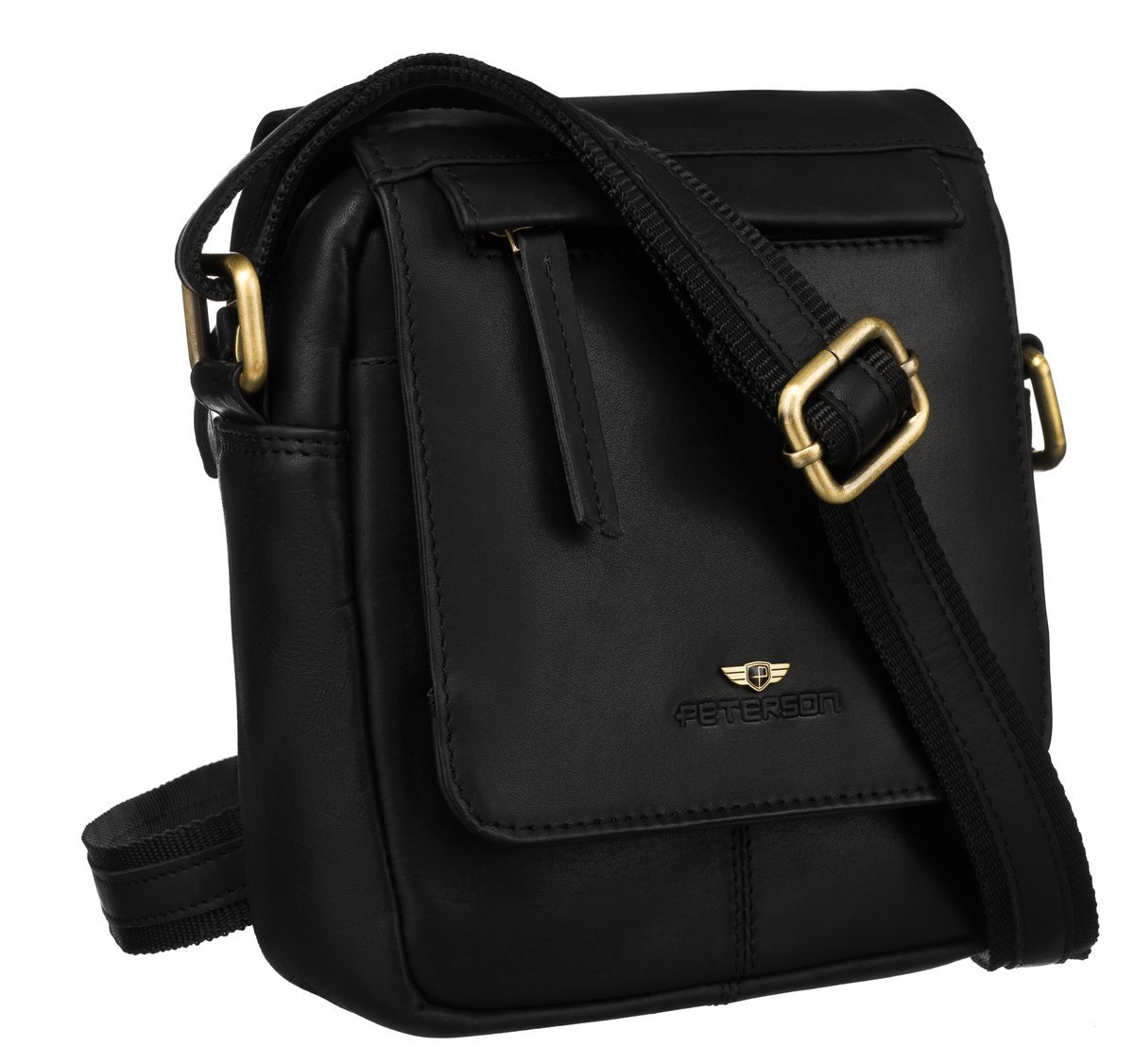 PETERSON Klasyczna listonoszka męska ze skóry naturalnej torba miejska na ramię mała czarna funkcjonalna i pojemna