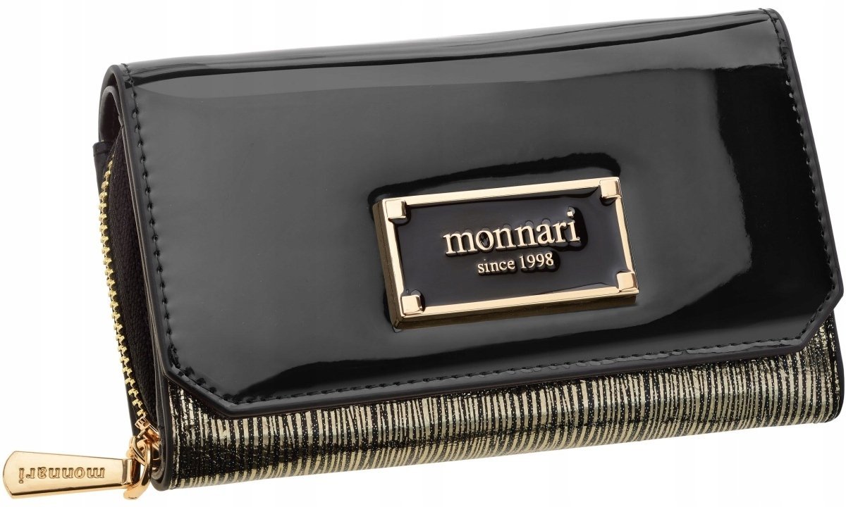 Portfel Damski Monnari Średni Lakierowany Złote Zdobienie Dużo Przegródek