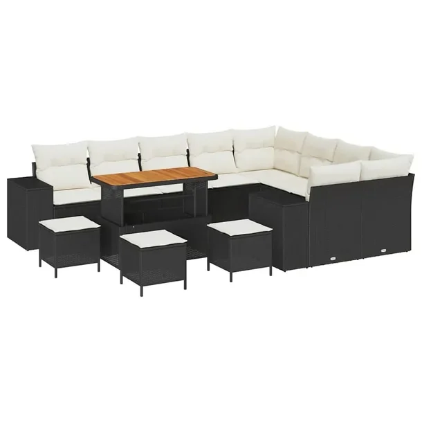 Zestaw Sofa Ogrodowa 5-Częściowa, Czarna Wicker, Kremowe Poduszki