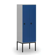 Szafy biurowe - Drewniana szafa ubraniowa z podstawą, 2 przegródki, zamek kodowy, szary/niebieski - miniaturka - grafika 1