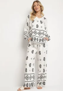 Biało-Czarny Komplet w Stylu Rustykalnym Luźna Bluzka i Spodnie z Wiskozą Emilaris - Komplety damskie - miniaturka - grafika 1