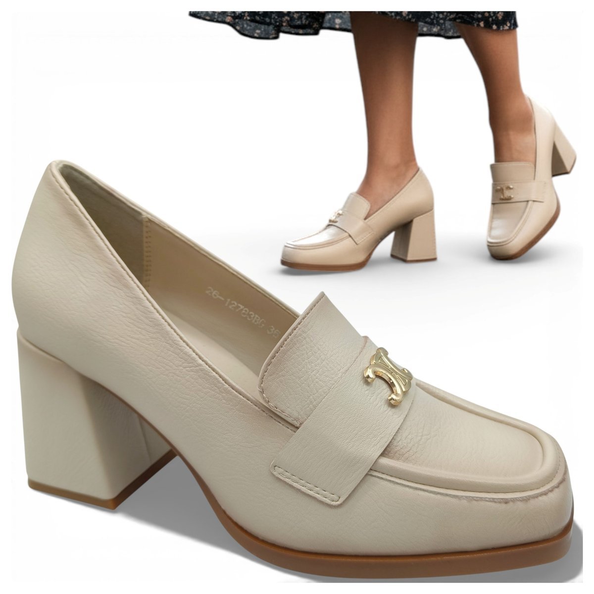 Damskie Półbuty na Obcasie Eleganckie Wygodne Mokasyny Beżowe Potocki 38