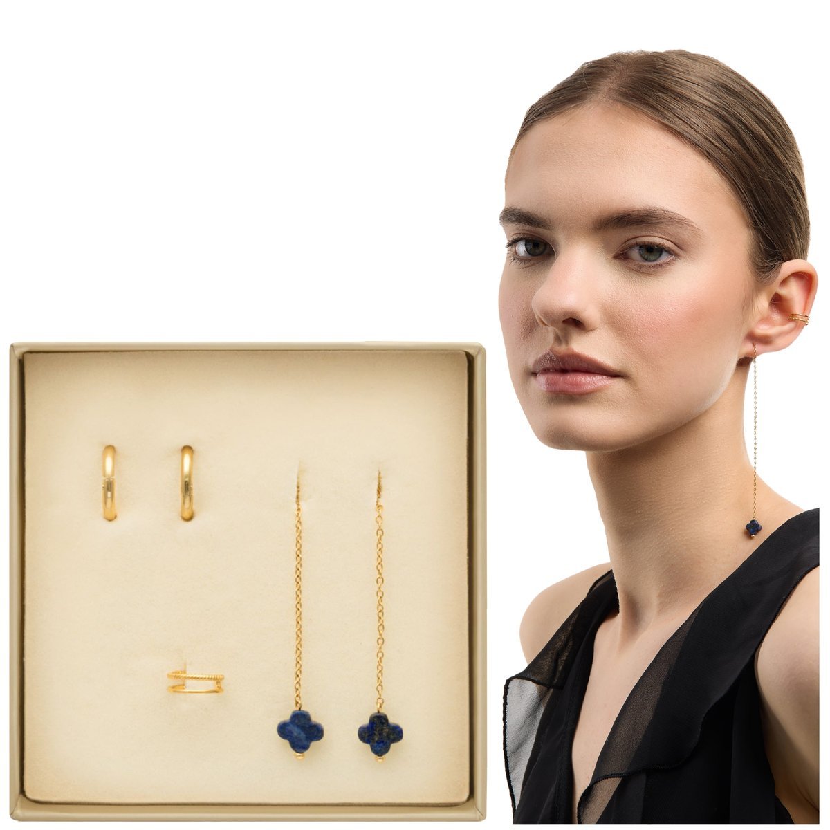 Kolczyki pozłacane z kamieniami naturalnymi lapis lazuli zestaw 5 kolczyków Mys