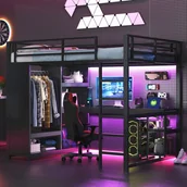 Łóżka dla dzieci i młodzieży - Łóżko piętrowe gamingowe 140 x 200 cm z biurkiem, otwartą szafą i półkami do przechowywania - Metalowe - Diody LED - Czarne (Bez materaca) - miniaturka - grafika 1