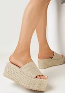 Klapki i japonki damskie - Beżowe Klapki na Platformie ze Sznurka z Szerokim Paskiem i Odkrytym Noskiem Lillani - miniaturka - grafika 1