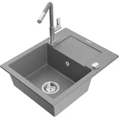 Zlewozmywaki z baterią - Mexen Enzo zlewozmywak granitowy 1-komorowy z ociekaczem i baterią kuchenną Flora, szary - miniaturka - grafika 1