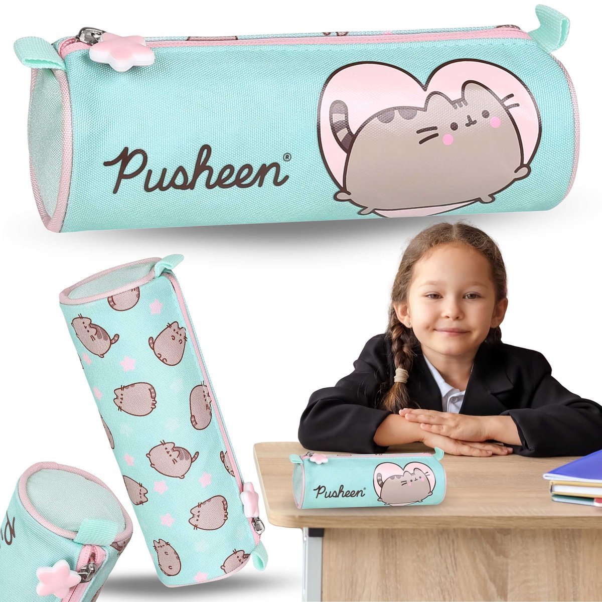 Pusheen Miętowy piórnik szkolny dla dziewczynki, TUBA, saszetka na przybory szkolne 22x8x8cm