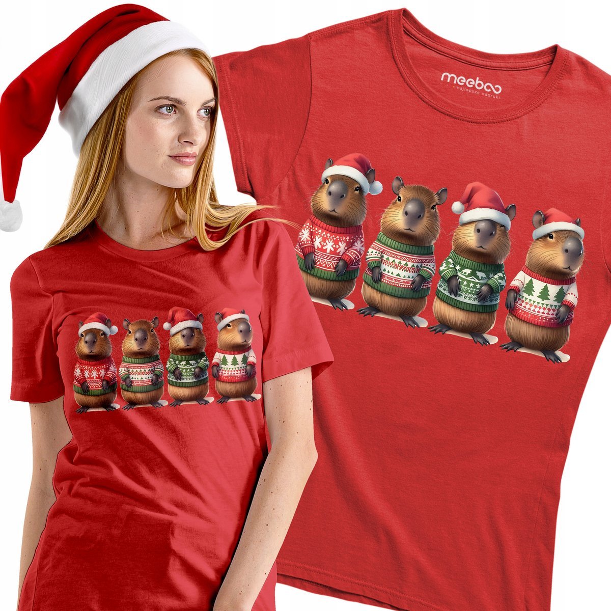 Koszulka Damska Kapibary w Świątecznych Sweterkach Capy Pod Choinkę PREZENT