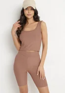 Komplety damskie - Ciemnobeżowy Prążkowany Komplet Top na Ramiączkach i Szorty Kolarki Mevola - miniaturka - grafika 1