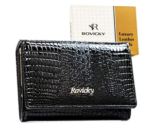 Mały portfel damski skórzany ROVICKY lakierowany na zatrzask elegancki ochrona RFID STOP czarny - Portfele Mały portfel damski skórzany ROVICKY lakierowany na zatrzask elegancki ochrona RFID STOP czarny - Portfele - miniaturka - grafika 1