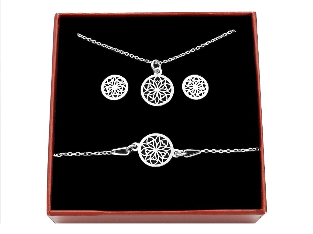 Srebrny komplet ażurowe rozetki+pudełko