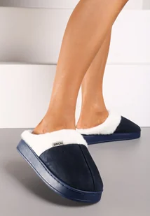 Granatowe Płaskie Kapcie z Futerkiem Leretha - Kapcie damskie - miniaturka - grafika 1