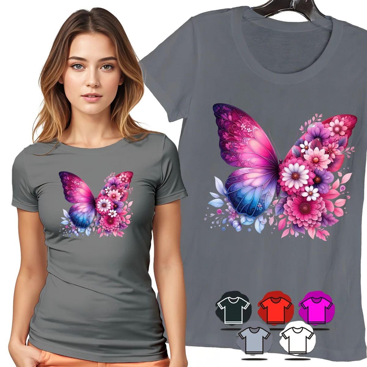 KOSZULKA DAMSKA T-SHIRT - MOTYL RÓŻOWE KWIATY PASTELOWY WZÓR DAMSKI - XXL
