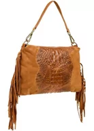 Torebki damskie - Camel damska włoska skórzana torebka frędzel pozioma brązowy, beżowy - miniaturka - grafika 1