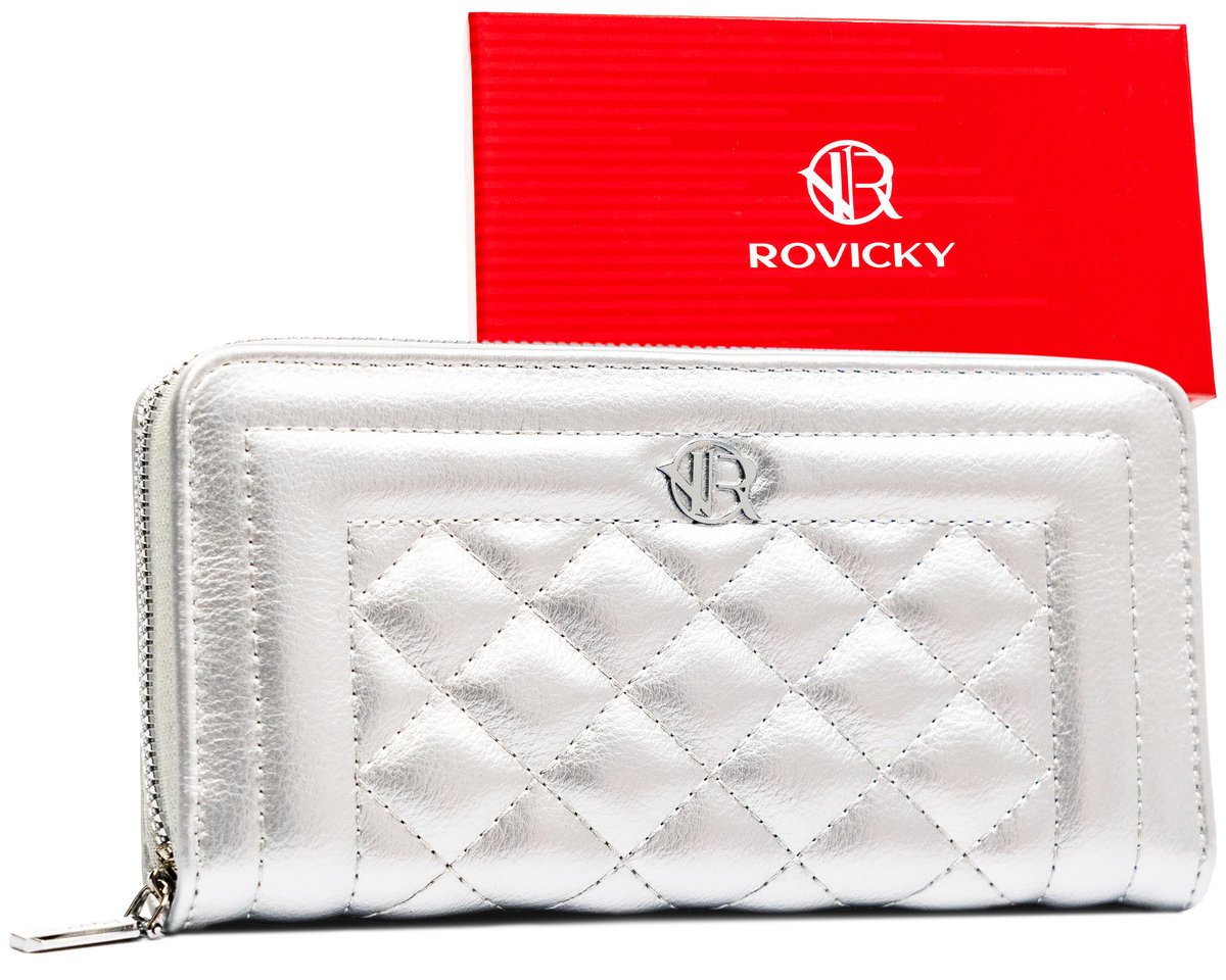 Portfel damski Rovicky pikowany piórnik na karty i gotówkę modna portmonetka na suwak, srebrny