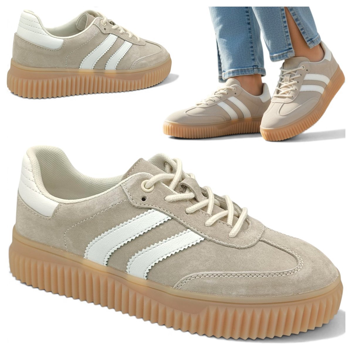 Sneakersy Damskie SKÓRZANE Wygodne Półbuty Beżowe na Platformie Vinceza 37
