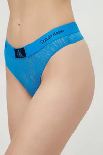 Majtki damskie - Calvin Klein Underwear stringi kolor niebieski z koronki - grafika 1