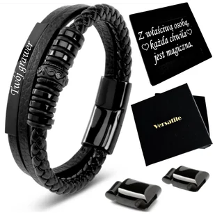 BRANSOLETKA MĘSKA SKÓRZANA CZARNA REGULOWANA 21-24CM! JAKOŚĆ VERSATILE - Bransolety męskie - miniaturka - grafika 1