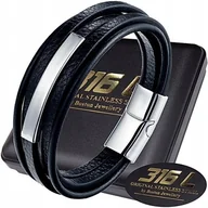 Bransolety męskie - Skórzana Bransoleta Bransoletka Męska Prawdziwa Stal Chirurgiczna + Skóra - miniaturka - grafika 1