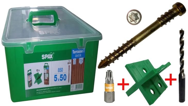 SPAX wkręty tarasowe 5x50 GREEN BOX - 850 szt ZESTAW stare złoto