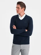 Swetry męskie - Sweter męski z dekoltem "w serek" z koszulowym kołnierzykiem - granatowy V2 OM-SWSW-0102 - Ombre Clothing - miniaturka - grafika 1
