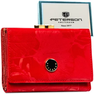 Modny portfel damski skórzany PETERSON ochrona rfid stop mały poziomy na zatrzask i bigiel elegancki czerwony pudełko prezentowe rozbudowany na karty - Portfele - miniaturka - grafika 1