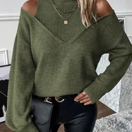 Bluzy damskie - TEMU Damska swobodna bluza z dzianiny, jednokolorowa poliestrowa 100%, wysoki dekoltec V-Neck, top na jesień/zimę - miniaturka - grafika 1