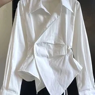 Koszule damskie - TEMU Bluzka Damska w Stylu Francuskim z Asymetrycznym Dołem - Elegancka Biała, Jednokolorowa, Pranie Maszynowe, Uniwersalna na Każdą Porę Roku, - miniaturka - grafika 1