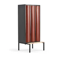 Szafy biurowe - Metalowa szafa ubraniowa CURVE, z ławeczką, 3x1 drzwi, 2120x900x550 mm, czerwony - miniaturka - grafika 1