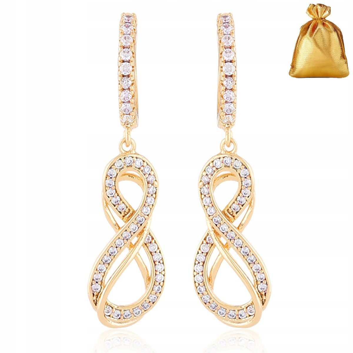 Eleganckie Złote Kolczyki Damskie Nieskończoność Wiszące Z Cyrkoniami 18K