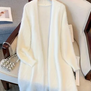 TEMU Miękki Różowy Dzianinowy Kardigan o Średniej Długości dla Kobiet - Lekki Sweter z Dekoltem w Serek, Długi Rękaw, Luźny Krój, Idealny na Wiosnę i - Inne - miniaturka - grafika 1