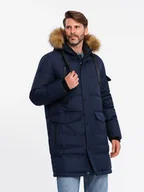 Kurtki męskie - Długa ciepła kurtka męska z kapturem typu parka granatowa V1 OM-JALJ-0182 XL - miniaturka - grafika 1