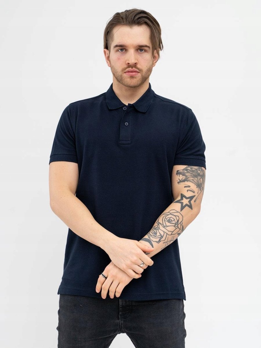 KOSZULKA POLO Z Krótkim Rękawem Męska Granatowa Jigga KLASYCZNA BEZ LOGO L