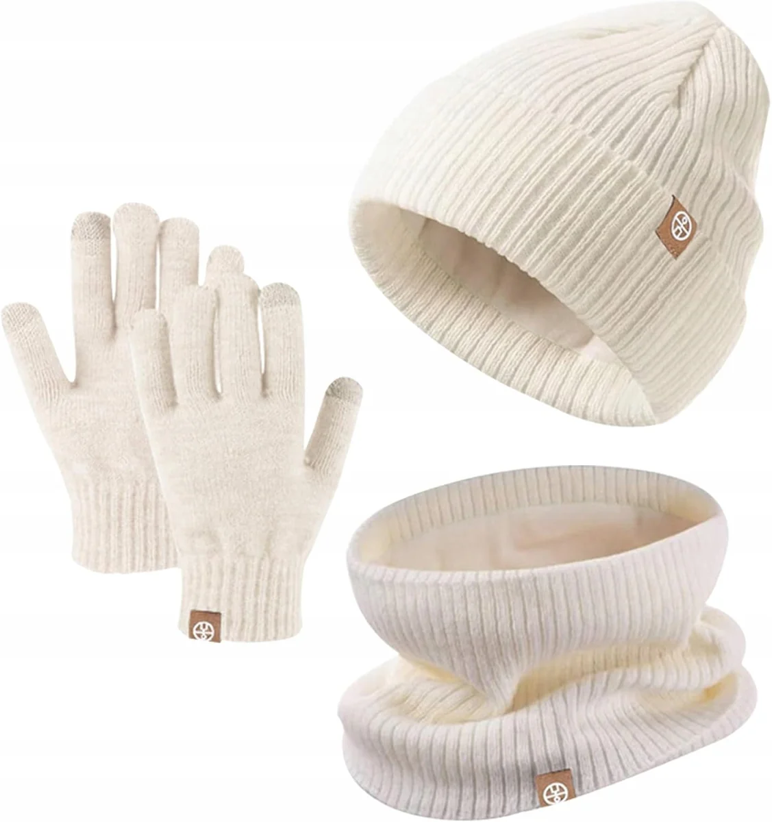 ZESTAW ZIMOWY 3 w 1 CZAPKA KOMIN RĘKAWICZKI DLA DZIECI 5 - 12 BEŻOWY
