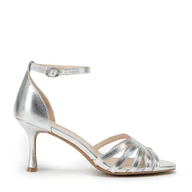 Półbuty męskie - Damskie sandały ze skóry na szpilce srebrne - miniaturka - grafika 1