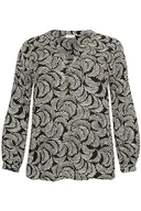 Bluzki damskie - Kaffe Curve Plus Size Damska bluzka z długim rękawem Casual Fit V-Notch Neck, Czarny Głęboki/Antyczny Biały Nadruk - miniaturka - grafika 1