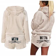 Piżamy damskie - Ciepła piżama kotek pluszowa meow beżowa - XXL - miniaturka - grafika 1