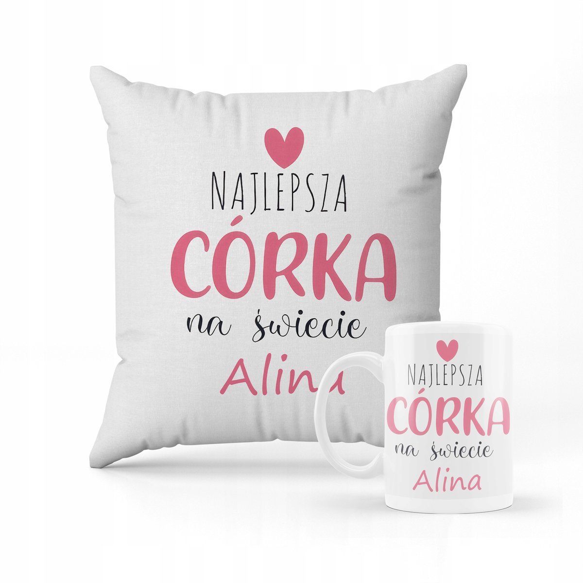 ZESTAW PODUSZKA + KUBEK Prezent NAJLEPSZA CÓRKA NA ŚWIECIE + IMIĘ