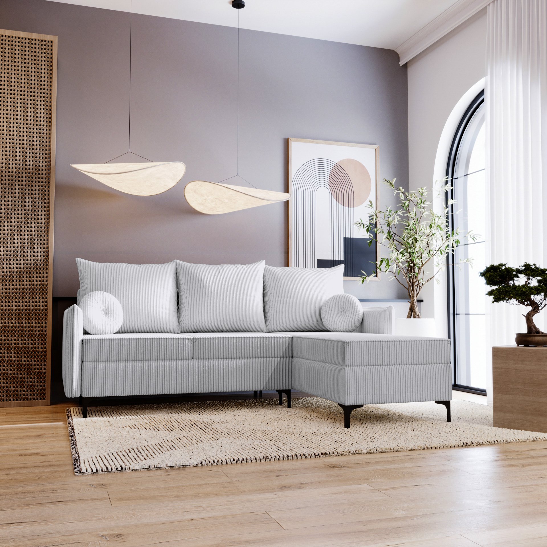 Narożnik w kształcie litery L Lion - Sofa do salonu z funkcją spania i podstawą łóżka - Prawa - Szary & Poso 110