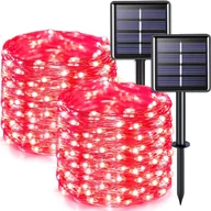 Lampy ogrodowe - Zestaw 2 zewnętrznych lampek solarnych, przewód miedziany, wodoodporny, 7 metrów na lampkę, 50 diod LED (czerwone światło) - miniaturka - grafika 1